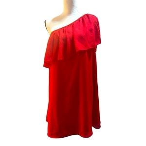 Boutique One Shoulder Ruffle Edge Dress in Havana Red
